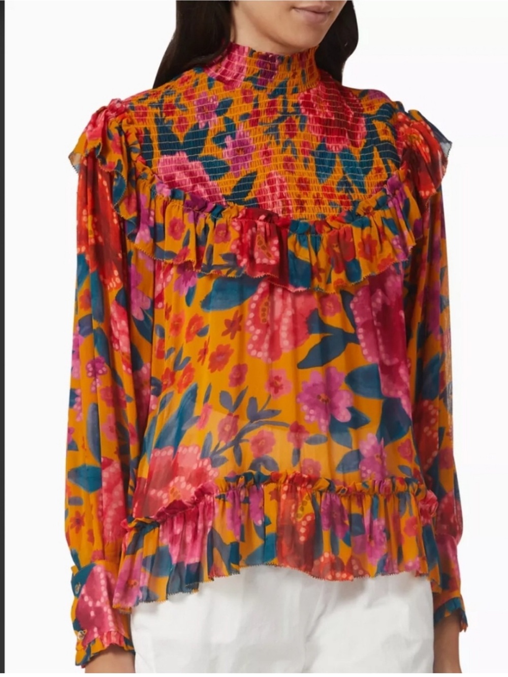 “FARM RIO” Floral Dream Smocked Ruffle High-Neck Blouse